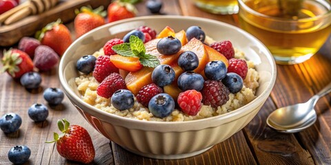 Bowl of oatmeal topped with fresh berries and mint.