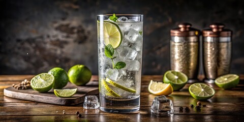 Sticker - Refreshing mojito with lime and mint on a rustic table.