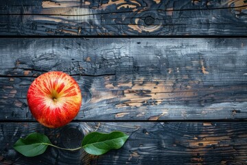 Wall Mural - Vibrant red apple with green leaf rests on a textured dark wood surface, showcasing natural contrast