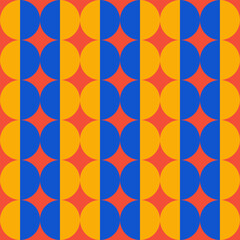 Aufkleber - Trendy retro geometric seamless pattern with colorful semicircles and circles. Modern abstract background. Red, blue and yellow colors. Vector illustration