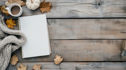 Poster - A notebook sits on a wooden table with a cup of coffee and a pile of autumn leaves. Concept of warmth and comfort, as the notebook and coffee suggest a cozy indoor setting
