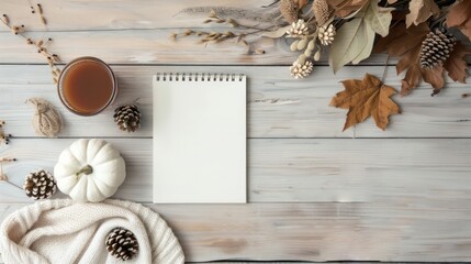 Aufkleber - A white notebook sits on a wooden table with a pumpkin, a cup of coffee, and a pile of pine cones. The scene is set in autumn, with the pumpkin and pine cones adding a festive touch to the table