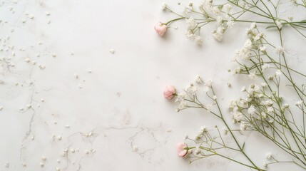 Aufkleber - A white background with a bunch of pink flowers. The flowers are scattered all over the background, with some of them being in the foreground and others in the background