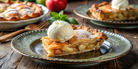Wall Mural - Delicious slice of apple pie with a scoop of vanilla ice cream.