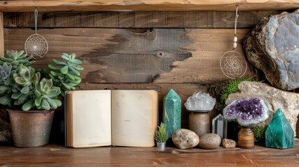 Aufkleber - A shelf with a book, a vase, a potted plant, and a few rocks