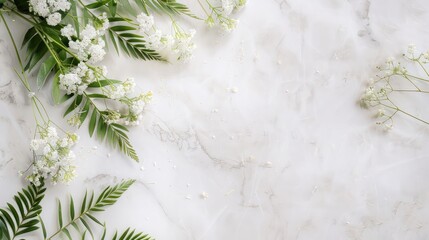 Aufkleber - A white background with a bunch of white flowers and green leaves. The image has a serene and calming mood, with the white flowers