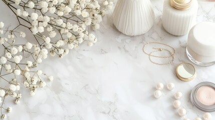 Poster - A white background with a vase of white flowers and a few other items