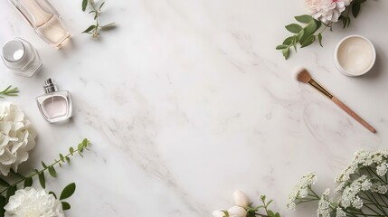Poster - A white background with a floral arrangement and a few bottles of perfume. The perfume bottles are placed in a row, with one on the left, one in the middle, and one on the right