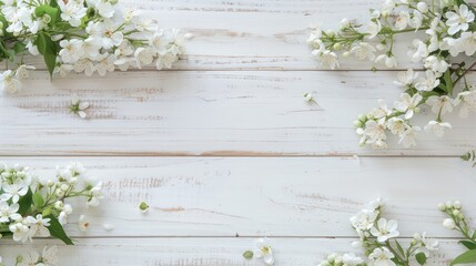 Poster - A white background with a bunch of white flowers in the foreground. The flowers are arranged in a way that they create a border around the white background. Concept of freshness and natural beauty