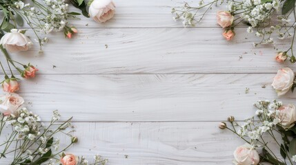 Aufkleber - A white background with a floral border. The flowers are pink and white. The background is wooden and the flowers are arranged in a circle