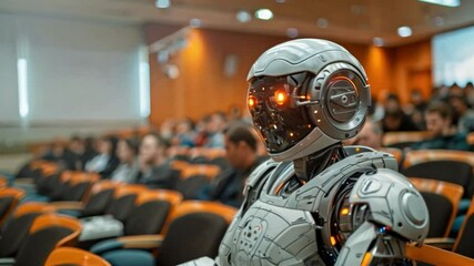 Fototapete - A humanoid robot sits in an auditorium lecture hall, listening to a presentation alongside a crowd of people.