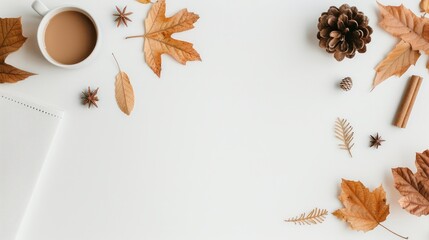 Aufkleber - A white background with a cup of coffee and a pile of autumn leaves