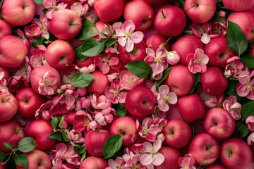 Top view of red apples mixed with pink apple blossoms, ideal for spring concepts