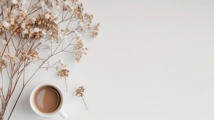 Poster - A cup of coffee is on a table next to a bunch of dried flowers. Concept of calm and relaxation, as the coffee and flowers are both associated with leisure and rest