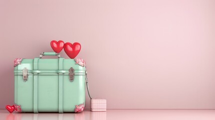 Poster - A green suitcase with three red hearts on it. The suitcase is on a pink background. The suitcase is a gift for Valentine's Day