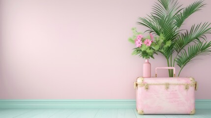 Poster - A pink suitcase sits on a green floor next to a vase of flowers. The scene is simple and elegant, with the pink suitcase