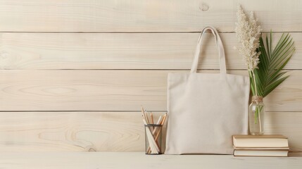 Poster - A white canvas bag sits on a wooden table next to a vase of flowers and a pencil case. Concept of simplicity and minimalism, with the bag and vase being the only decorative elements
