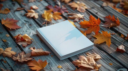 Aufkleber - A white book is on a wooden table with a pile of autumn leaves. The book is open to a blank page, and the leaves are scattered around it. Concept of calm and tranquility, as the book