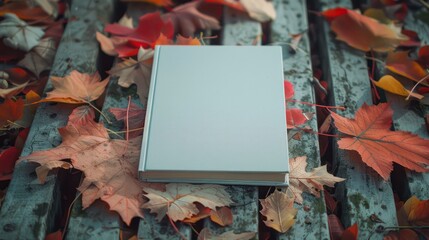Aufkleber - A book is on a wooden bench with autumn leaves on the ground. The book is white and has no writing on it. The scene is peaceful and serene, with the book and leaves creating a sense of calmness