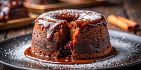 Poster - Decadent chocolate cake topped with powdered sugar.