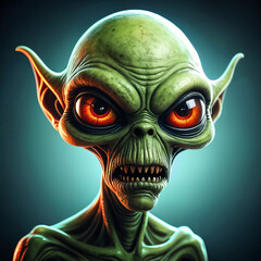 Digitally created alien character with green skin, large orange eyes, and a menacing expression. It has pointed ears and is set against a dark background.