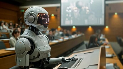 Fototapete - A white humanoid robot sits at a desk in a lecture hall, with an audience blurred in the background.