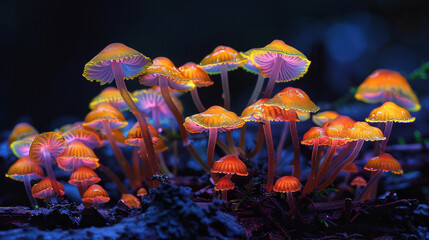 Wall Mural - Mushroom plants. Luminous mushrooms. Colorful illuminated mushrooms in a futuristic forest at night. Brightly glowing mushrooms in a forest.