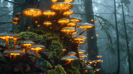 Wall Mural - Mushroom plants. Luminous mushrooms. Colorful illuminated mushrooms in a futuristic forest at night. Brightly glowing mushrooms in a forest.