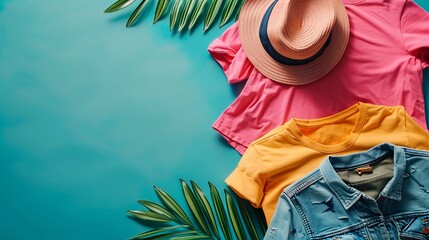 Wall Mural - top view of table with summer accessories