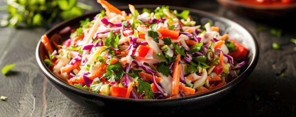 Wall Mural - Fresh colorful coleslaw salad with purple cabbage, carrots, and peppers, garnished with parsley, served in a black bowl on a dark wooden table.