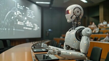 Aufkleber - A white robot sits at a desk in a classroom, using a laptop with a projector screen in the background.
