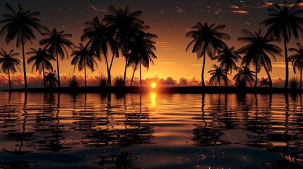 Wall Mural - Photography, serene beach scene with silhouettes of palm trees and vibrant sunset reflections on calm water.