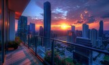 A vibrant city skyline at dusk, with the sun setting behind skyscrapers, viewed from a modern apartment balcony