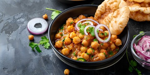 Canvas Print - Indian Chole Bhature Spicy Chickpea Curry with Deep-Fried Bread and Pickled Onions. Concept Indian Food, Chole Bhature, Spicy Cuisine, Chickpea Curry, Deep-Fried Bread, Pickled Onions