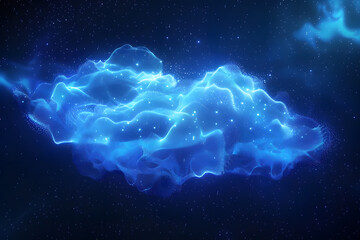 Wall Mural - A glowing blue digital cloud composed of numerous small dots, set against a dark background, creating a futuristic and ethereal effect.