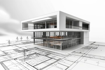 Poster - 3d render of a contemporary house juxtaposed with detailed architectural blueprints