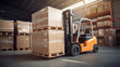 © nddcenter - Forklift loader in warehouse. Cargo freight transportation and distribution warehouse.