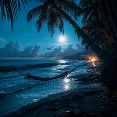 Sticker - a hammock hanging from a palm tree on a beach