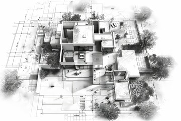 Poster - Detailed black and white architectural blueprint with a 3d model of a contemporary house design