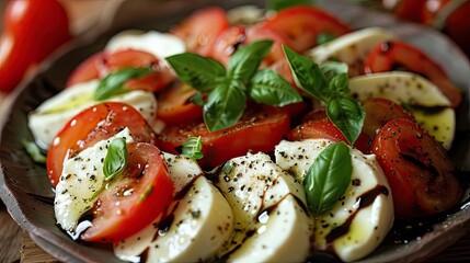 Wall Mural - Delicious Caprese salad with fresh tomatoes, mozzarella, basil leaves, and drizzle of balsamic glaze on a rustic plate.