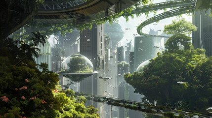 futuristic green city in the sky, bustling with sky vehicles