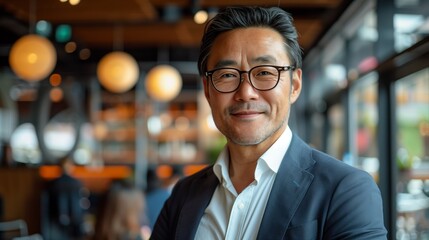 A portrait photo of an Asian middle-aged man, wearing glasses and a business suit with a white shirt