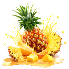 Wall Mural - Pineapple fruit with juice splashes isolated on white background