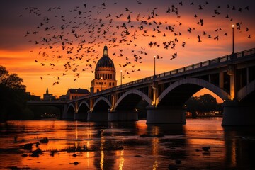 Wall Mural - Magic sunset with bats at Austin's South Congress Bridge., generative IA