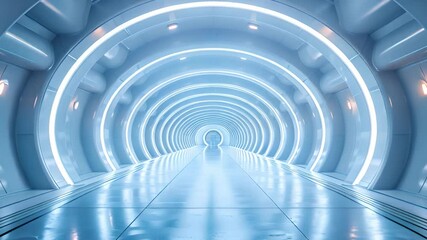 Poster - A futuristic, circular corridor with bright white lights and a shiny floor.