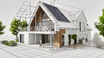 Modern detached house architectural project with rooftop solar panels, blending classic and contemporary styles