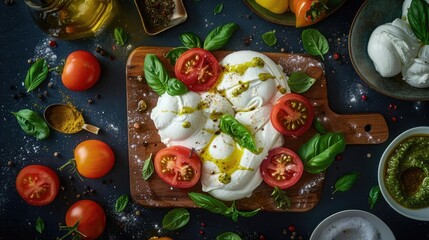 Wall Mural - Fresh mozzarella, ripe tomatoes, and basil leaves arranged beautifully on a wooden board, ready for a delicious Italian meal.