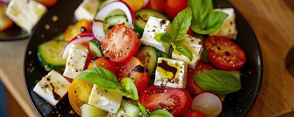 Wall Mural - A vibrant and fresh Greek salad with tomatoes, cucumbers, onions, and feta cheese, garnished with basil and seasoned with olive oil.