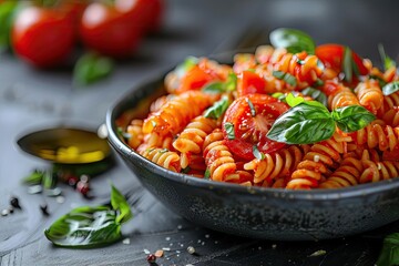 Wall Mural - Close-up of a delicious bowl of rotini pasta with fresh tomatoes, basil leaves, and a sprinkle of spices on a dark background.