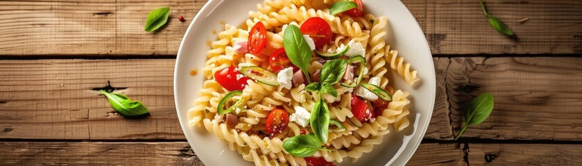 Wall Mural - Delicious fusilli pasta with cherry tomatoes, basil, and cheese on a rustic wooden table. Perfect for culinary and food-themed projects.